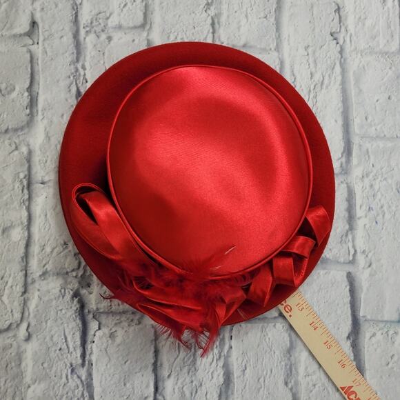 Red Wool Ladies Hat with Ribbon Trim & Feathers - Picture 10 of 16